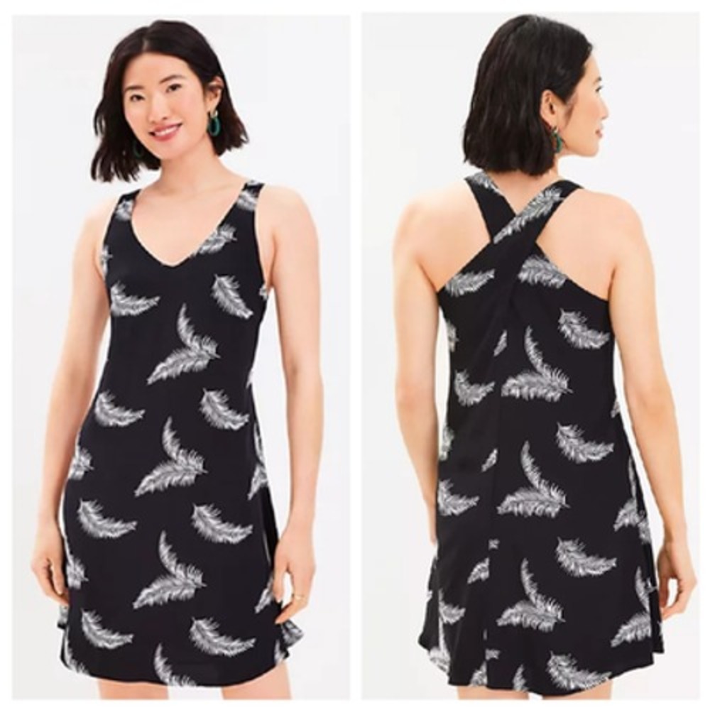 LOFT Dress Womens Small Petite Black White Palm Leaf Print NWT Criss Cross Back